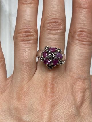 Ruby Marcasite Silver 925 Vintage Flower Ring Size Us 7.  5 Uk O