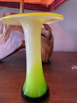 Vintage Hand Blown Art Glass Mushroom Bud Vase White Yellow Green Psychedelic 7”