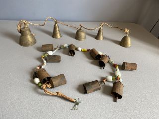 Vtg Tin Camel Bells With Glass Beads,  Vintage Brass Bells India African Moroc