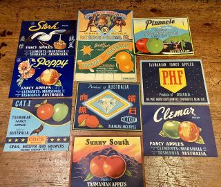 10 Different Vintage Poppy Brand Tasmania Apple Fruit Box Crate Labels
