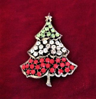 Vintage Signed Weiss Christmas Tree Crystal / Green / Red Rhinestones Pin / Broo