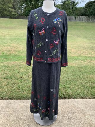Vintage Michael Simon Gray Embroidered Floral Cardigan Sweater Dress 2pc Set