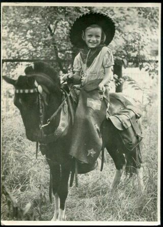 Happy Little Girl W Cowboy Hat & Outfit Sitting On Pony Vintage Photo Pa Estate