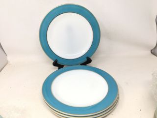 Vtg Pyrex 10” Dinner Plate Set Of 4 White With Turquoise Edge Gold Trim 1940s