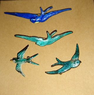 4 Vintage Enamelled Blue Bird Swallow Guilloche Brooch Pins Sterling And Brass