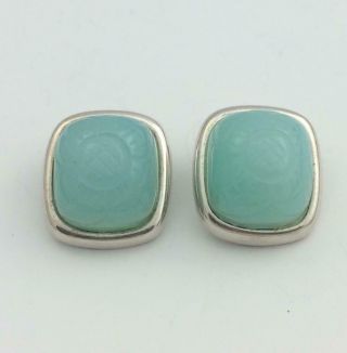 Vintage Sterling Silver Designer Signed Lt.  Blue/ Green Carved Stone Earrings