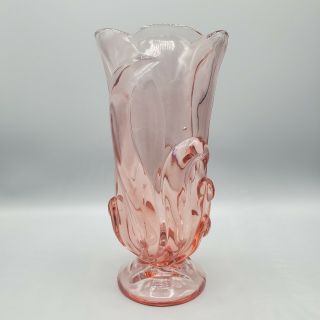 Vtg Fenton Vase Pink Stylized Optic Glass Footed Swirls Scalloped 8.  25 " Tall