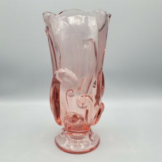 VTG Fenton Vase Pink Stylized Optic Glass Footed Swirls Scalloped 8.  25 