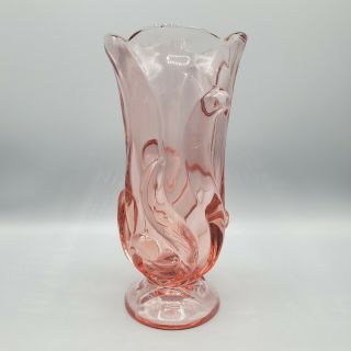 VTG Fenton Vase Pink Stylized Optic Glass Footed Swirls Scalloped 8.  25 