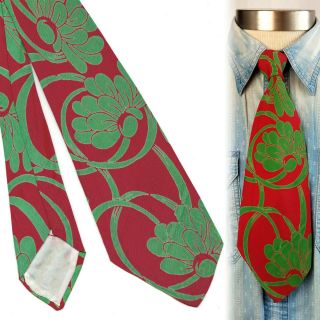 1940s Red And Green Lotus Flower Floral Vintage Necktie Art Deco Swing Tie