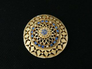 Vintage Pretty 9 - 850 Stamped Goldtone Blue Rhinestone & Faux Pearl Domed Brooch