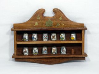 Vintage Wooden Thimble Display Holder 11 Metal & Enamel Thimbles From 1983/84