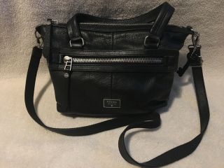 Vintage Fossil Black Leather Double Handle Shoulder Bag,  Zipper Closure