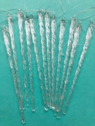 12 Vintage Clear Spun Blown Glass Icicle Christmas Ornaments Swirl Twist 5.  25”