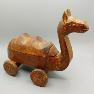 Vtg.  Hand Carved Primitive Folk Art Wooden Camel Wheels/hidden Compartment