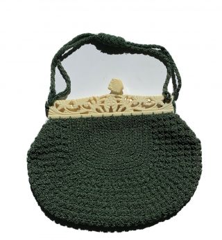 Antique Victorian Green Crochet Purse Handbag Carved Ivory - Colored Handle Lined