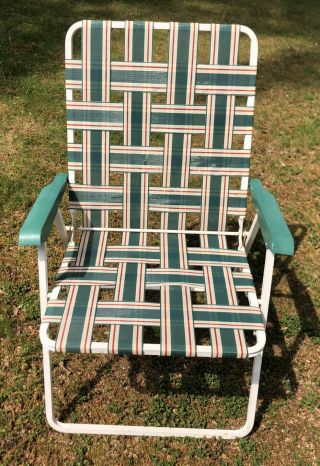 Vintage Metal Folding Lawn Chair Green Webbed White Frame Beach Chair