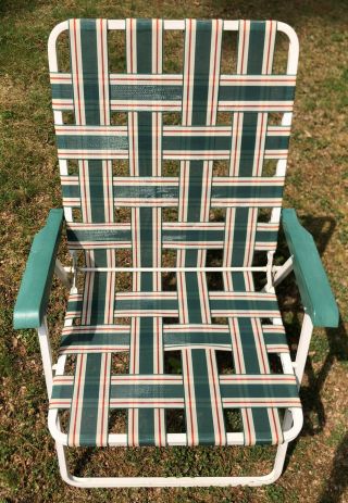 Vintage Metal Folding Lawn Chair Green Webbed White Frame Beach Chair 2