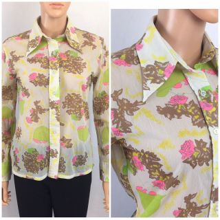 Vintage 60s 70s Mod Print Semi Sheer Crepe Nylon Point Collar Top Hippy Shirt M
