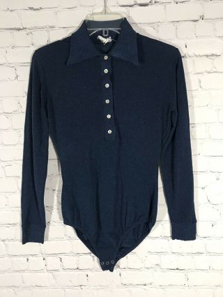 Vintage Jump Shirt Long Sleeve Blue Navy Leotard Bodysuit Snap Up Crotch Lg