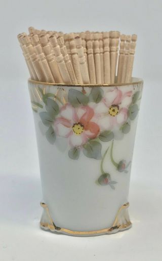 Antique Nippon Toothpick Holder Hand Painted Porcelain Pink Flowers Gold Trim