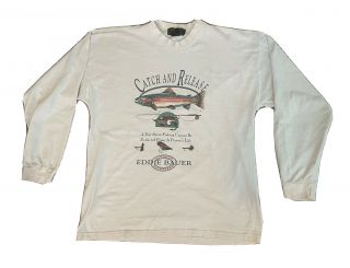 Vintage 90s Eddie Bauer Catch And Release Fishing Long Sleeve T - Shirt Sz Med