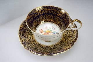 Vintage Aynsley Cobalt Blue/gold White Tea Cup & Saucer Flower/ Rose Bouquet 7