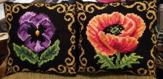 2 Vintage Needlepoint Pillow With Flowers Poppy Pansy