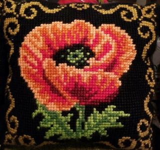 2 Vintage Needlepoint Pillow with Flowers Poppy Pansy 2