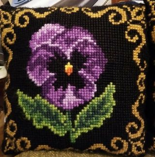 2 Vintage Needlepoint Pillow with Flowers Poppy Pansy 3