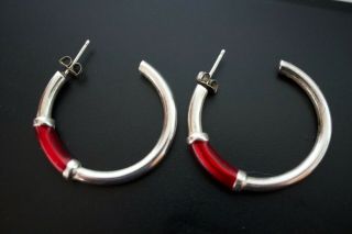Vintage Sterling Silver 925 Red Enameled Hoop Pierced Earrings