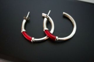Vintage Sterling Silver 925 Red Enameled Hoop Pierced Earrings 2
