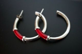 Vintage Sterling Silver 925 Red Enameled Hoop Pierced Earrings 3