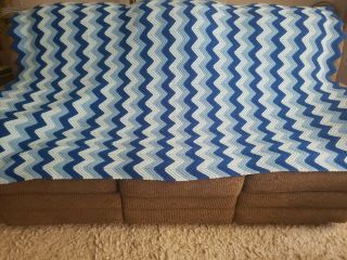Vtg Afghan Blanket Throw Handmade Blue Crochet Granny Chevron Zig Zag 80x48 Twin