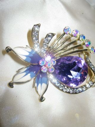 Stunning Vintage Goldtone Enamel And Purple Crystal Flower Brooch