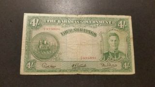 Bahamas,  Four Shillings Vintage Bank Note.  1936.  King George Vi