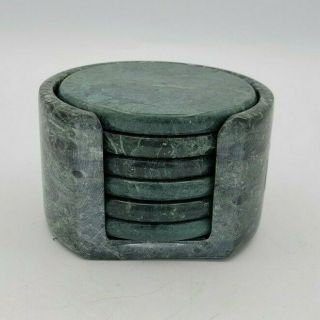 Set Of 6 Vintage Green Marble Coasters With Holder