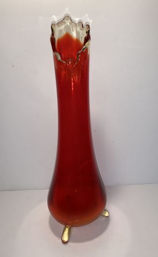 Le Smith Red Amberina 3 Footed Swung Stretch Glass Vase Vintage 11 - 1/2” Mcm