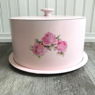 Ballonoff Vintage Cake Taker Saver Tin Painted Pink Roses Shabby Cottagecore