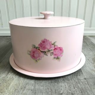 Ballonoff Vintage Cake Taker Saver Tin Painted Pink Roses Shabby Cottagecore 2