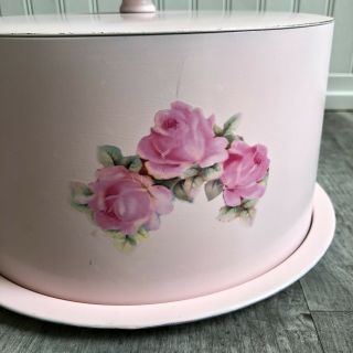 Ballonoff Vintage Cake Taker Saver Tin Painted Pink Roses Shabby Cottagecore 3