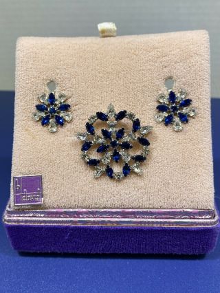 Vtg B David Blue & Clear Rhinestone Clip On Earrings & Brooch Set