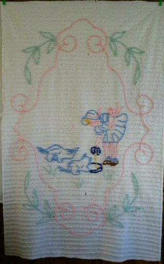 Vintage Girl & Kittens Chenille Baby Toddler Bedspread Cutter Crafts 40x64