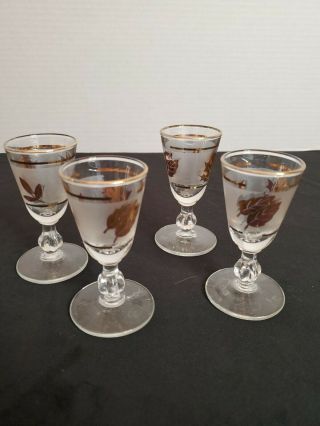 Vintage Set Of 4 Libbey Gold Leaf Cordials Shot Glasses