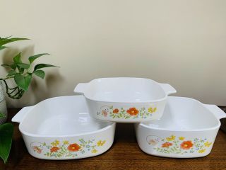 4 Piece Set Vintage Corning Ware Wildflower Casserole Baking Dishes,  1 With Lid
