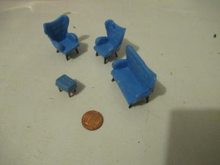 Vintage 1970s Set Of Dollhouse Furniture Blue Couch Ottoman & 2 Chairs