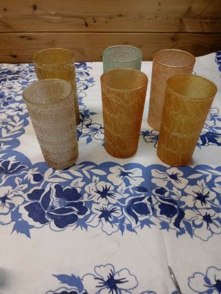 6 Mid Century Color Craft Spaghetti String Rubber Coated Vintage Glass Tumblers