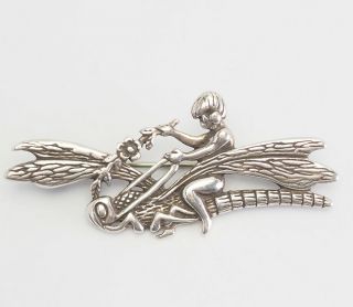 Fun Vintage Sterling Silver Boy Flying On A Dragonfly Insect Designer Pin Brooch