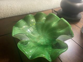 Vintage Murano Glass Art Ashtray Trinket Bowl Green Leaf Lilypad Gold Swirl Dish