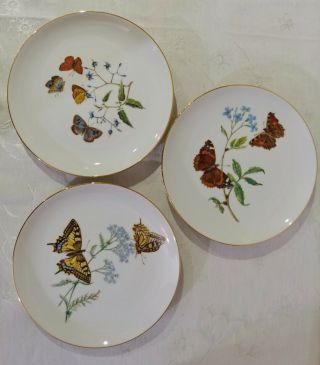 Vintage J.  W.  K.  Bavaria Butterflies & Flowers Porcelain Plates Set Of 3 Unique